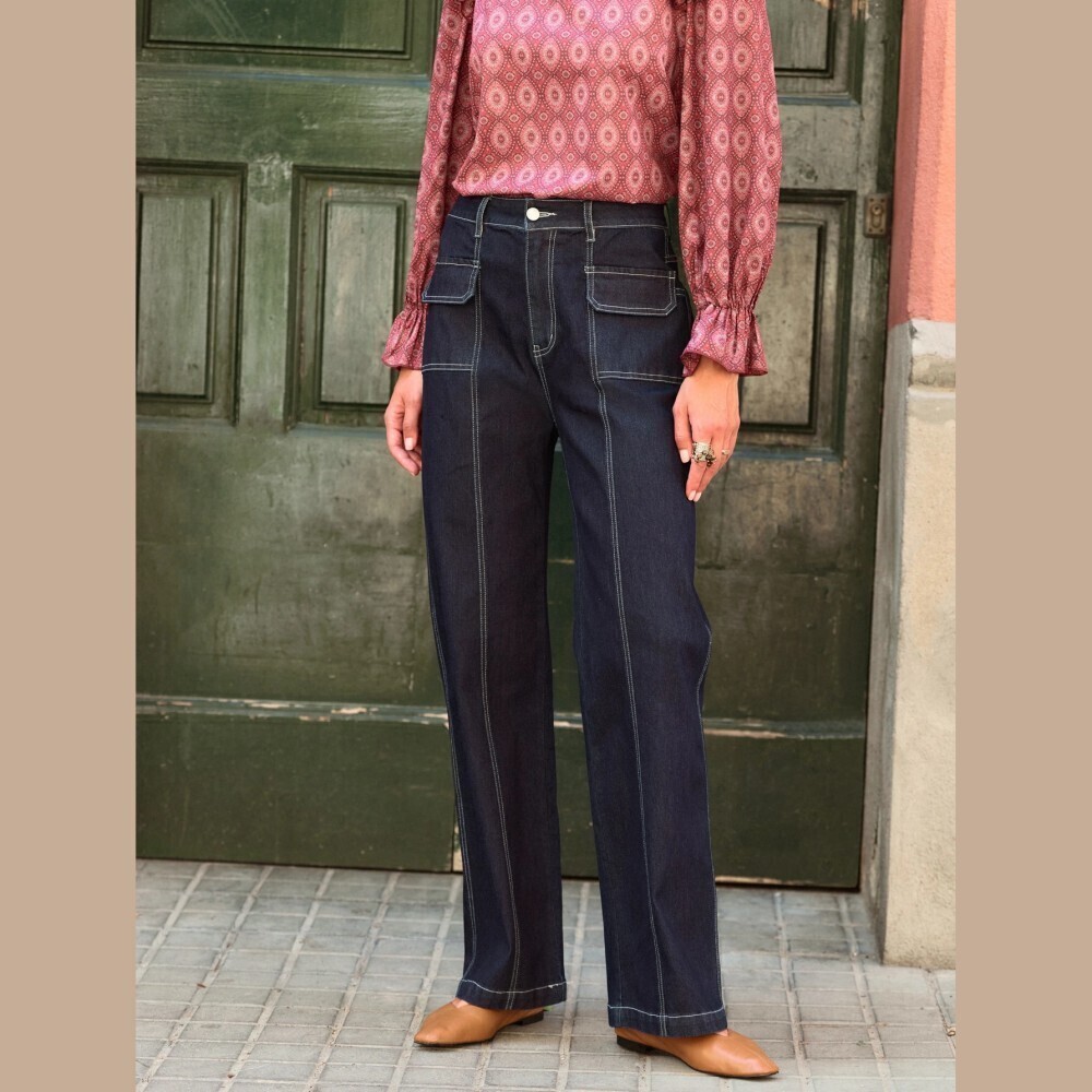 Dark Indigo Contrast Stitch Flap Pocket Straight Leg Denim Jeans
